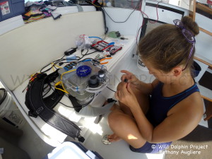 Celeste Mason, a member of the Georgia Tech team, disassembles and maintains a CHAT box in the field. The salty underwater ocean environment is a harsh place for a wearable computer and the Georgia Tech team works hard to keep the CHAT boxes functioning.